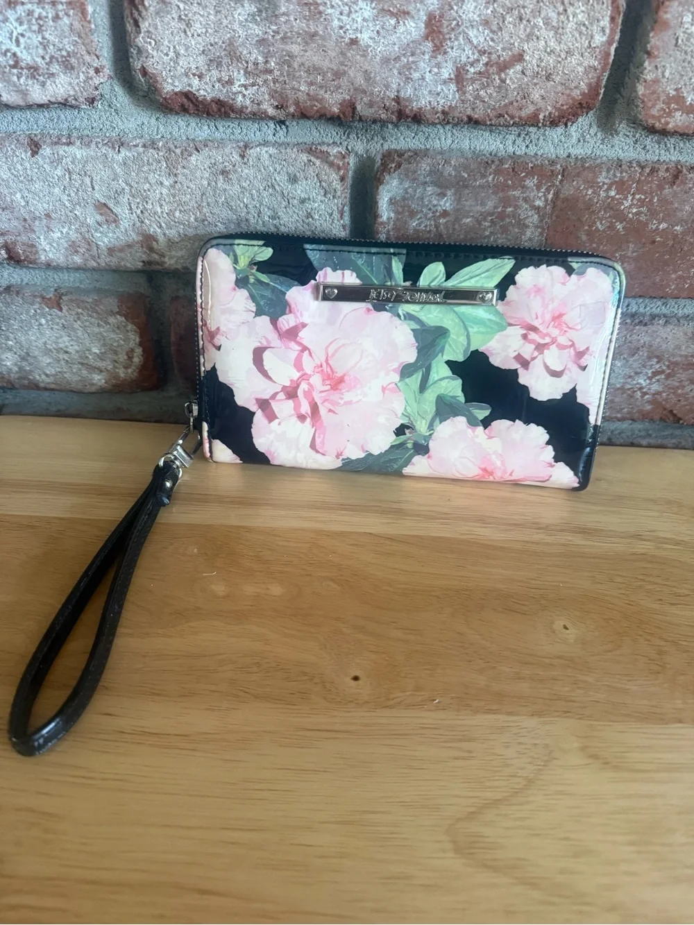 Betsey Johnson Black Wallet with Pink Floral Print